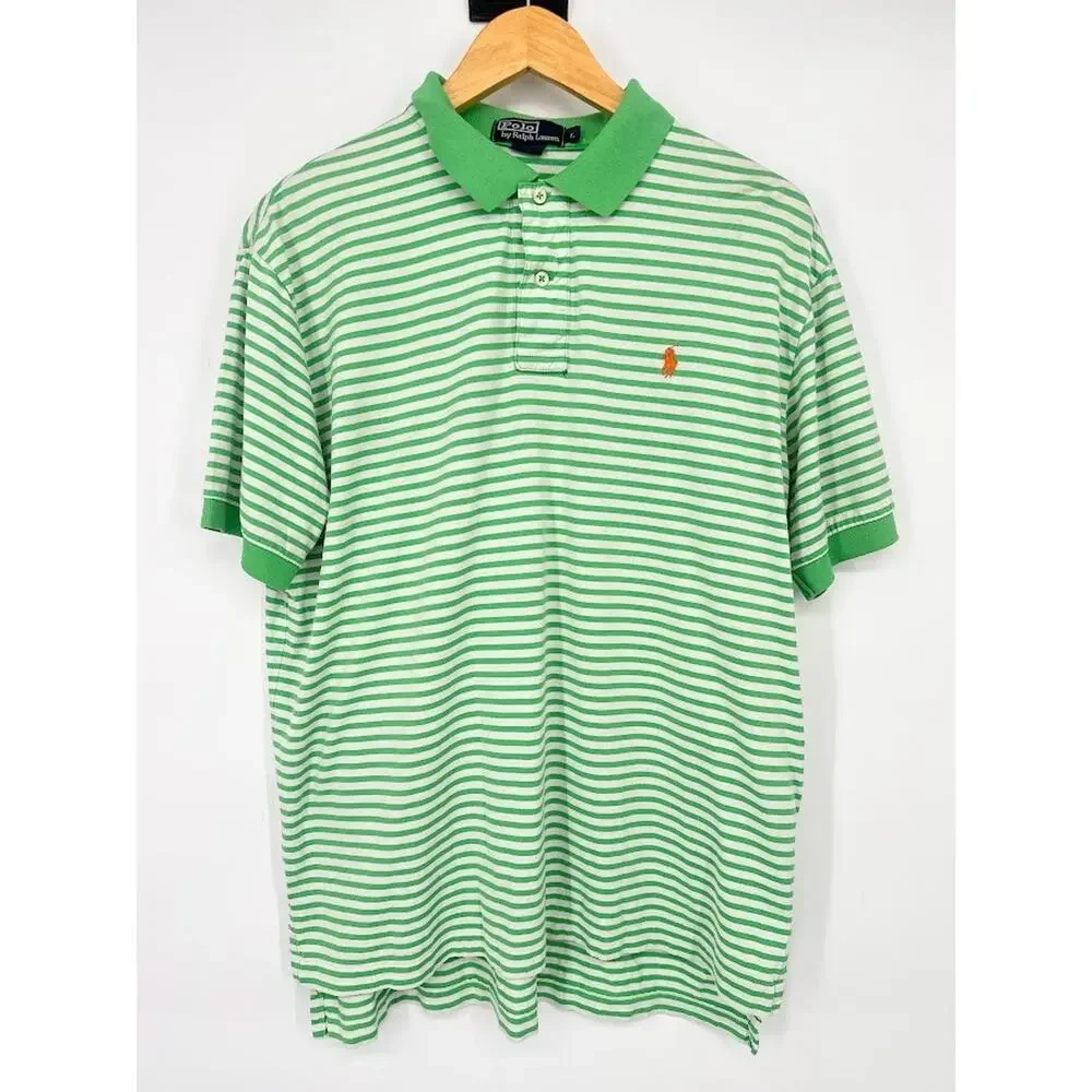 Polo Golf Ralph Lauren Mens L Green White Striped Preppy Casual Polo‎ Golf Shirt